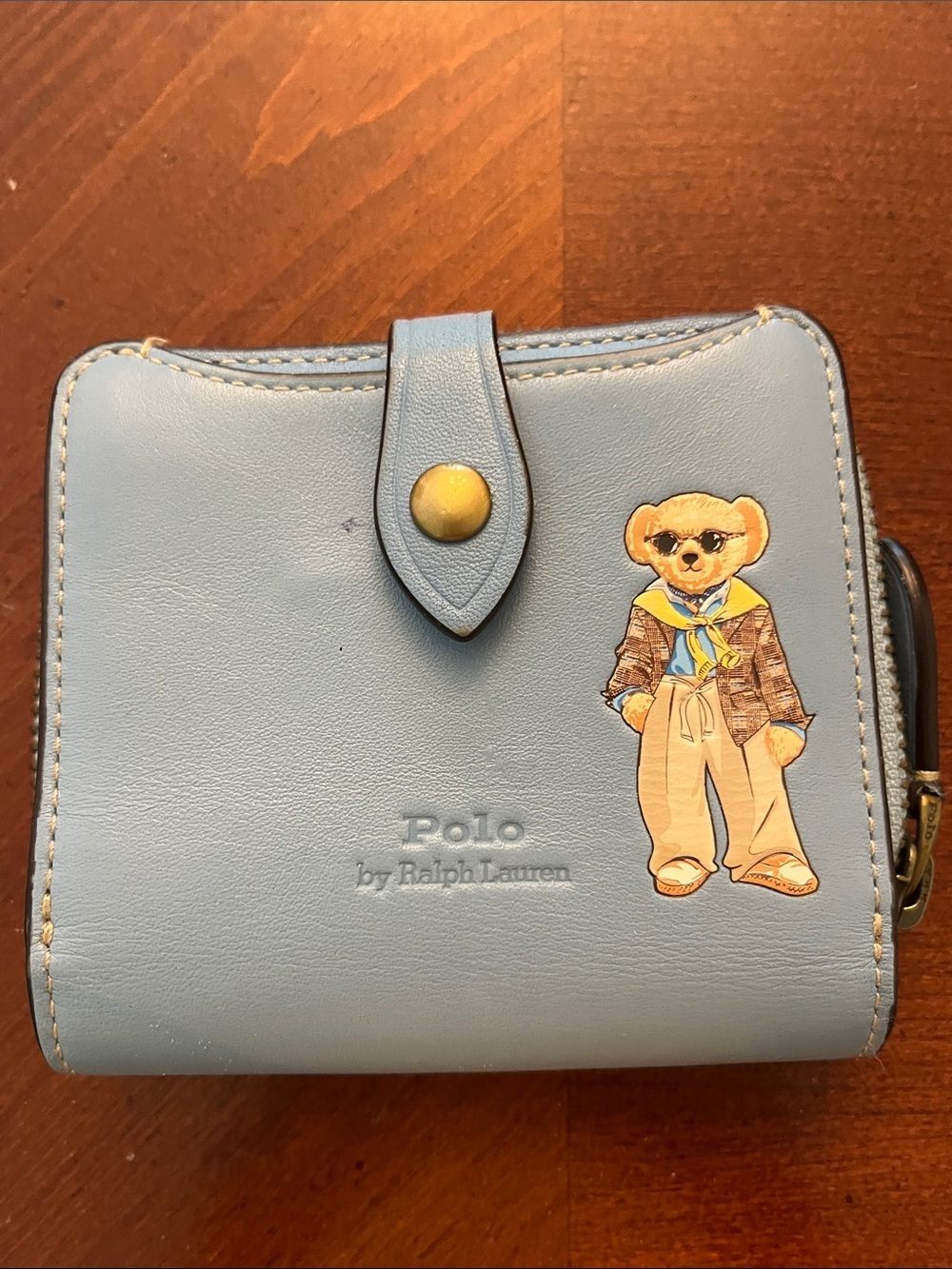 Polo Ralph Lauren Polo Bear Blue Leather Compact Zipper Snap Wallet
